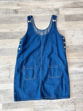 Vintage No Excuses denim jumper dress front pockets size large A17